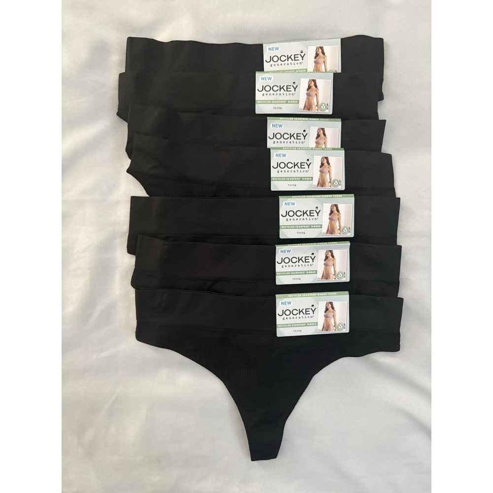 NEW JOCKEY Generation Black Seamfree Ribbed Thong Panty Womens Size Large 7 Pair